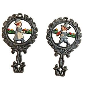Trivet Colonial Man and Lady Folk Art Cast Iron Kitchen Tile Couple walking